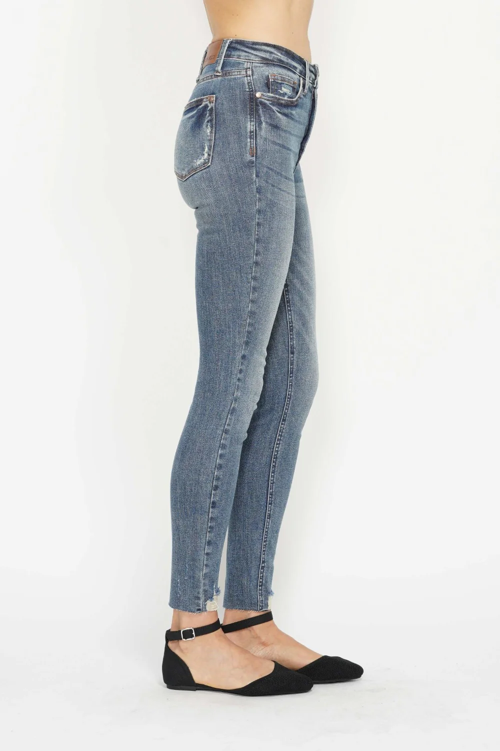 Blue Full Size Tummy Control Vintage Wash Hem Destroy Skinny Jeans