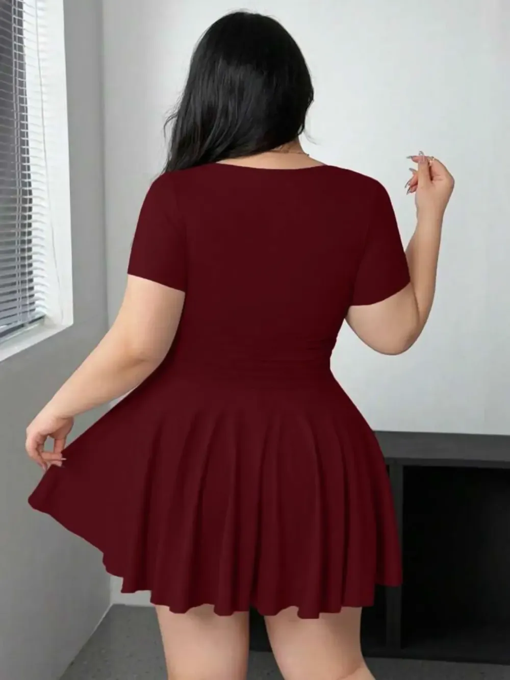 Plus-Size Womenswear Black Short Sleeve U-Neck Flared Mini Dress, Casual Style, Casual Wear