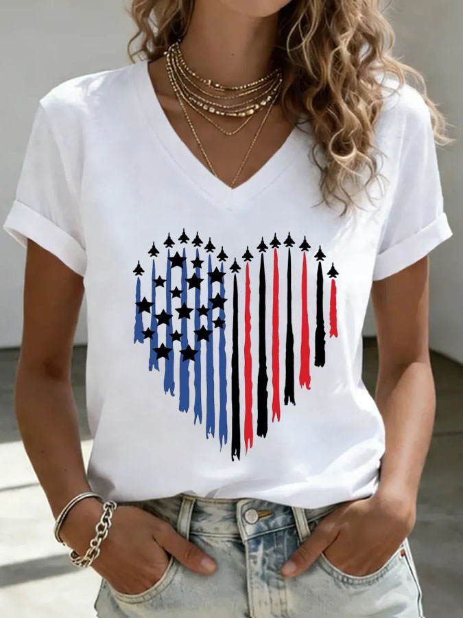 Women's Patriotic Jet Heart Printed Casual T-shirt