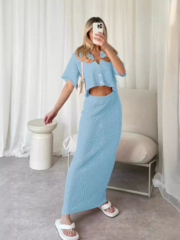 Knitted Crochet Multicolor Cardigan Button Skirt All-match Set Dress