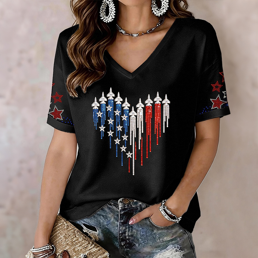 Women's USA Sparkly Rhinestone V-Neck T-Shirt