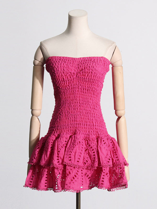 Embroidered Tube Top Dress With Hollow Ruffles And Stitching Design A-Line Skirt