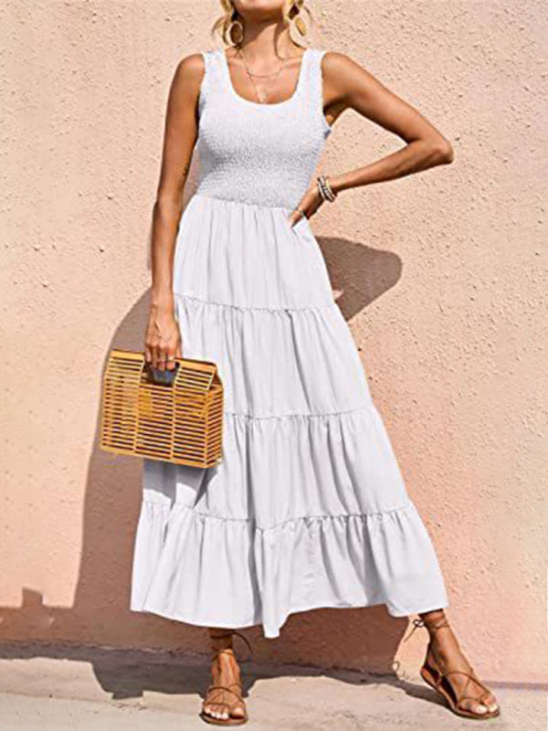 Spaghetti Strap Skirt Pleated Stitching A-Line Large Hem Dress
