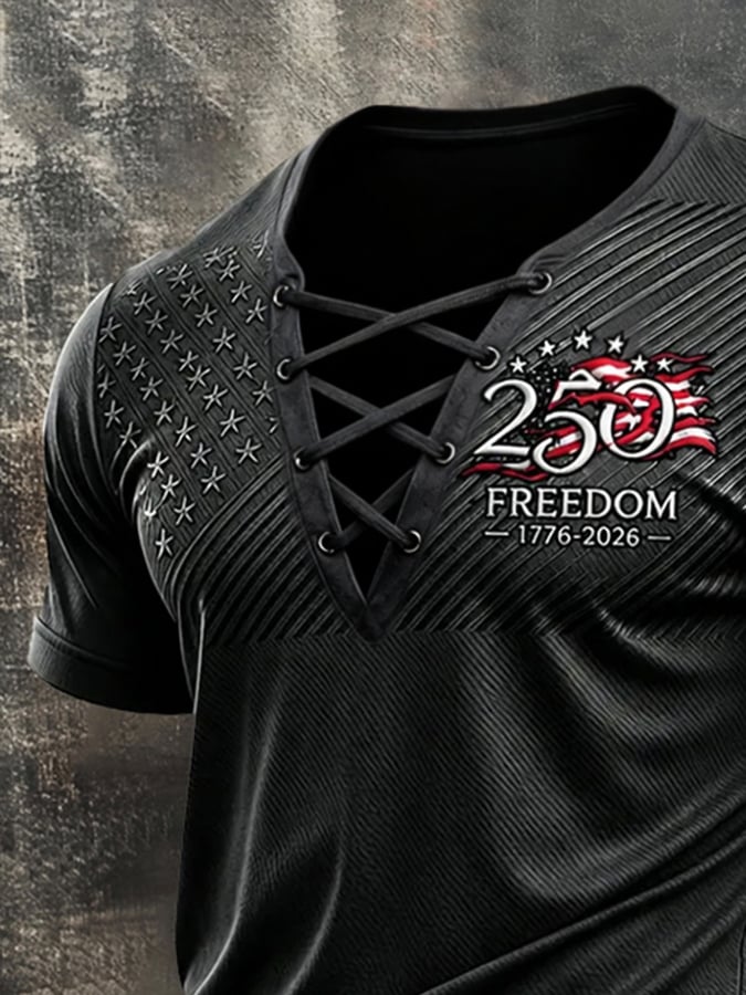 Men's Retro Independence Day Patriotic Cross-Strap V-Neck Short-Sleeve T-Shirt