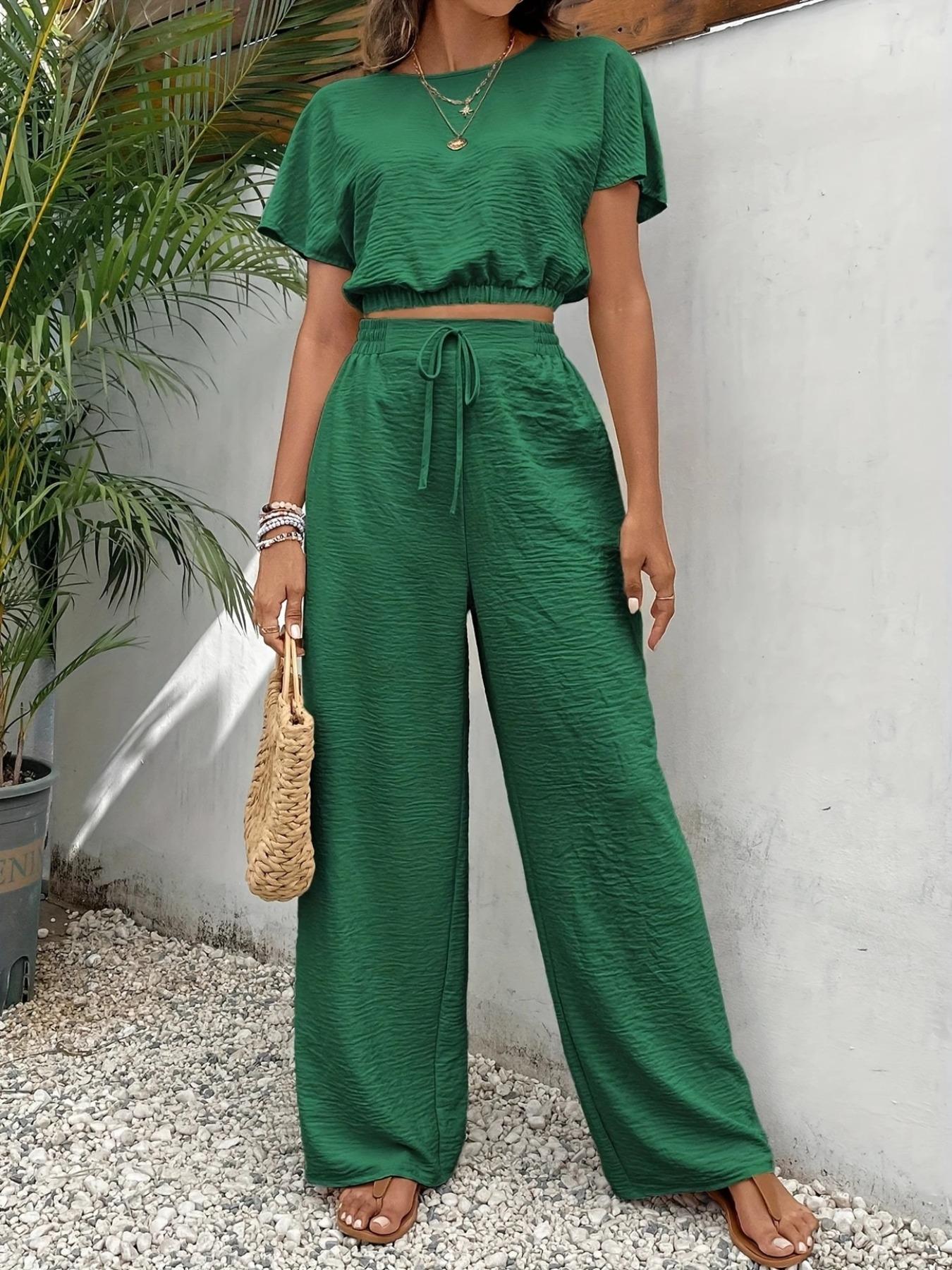 Women’s Casual Two-Piece Set – Fitted Top & Wide Leg Pants