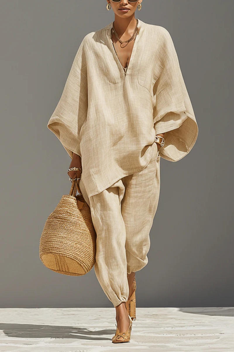 Women's Neutral Linen Set With Asymmetric Hem & Minimalist Design, Sophisticated Daily-Casual Style Set