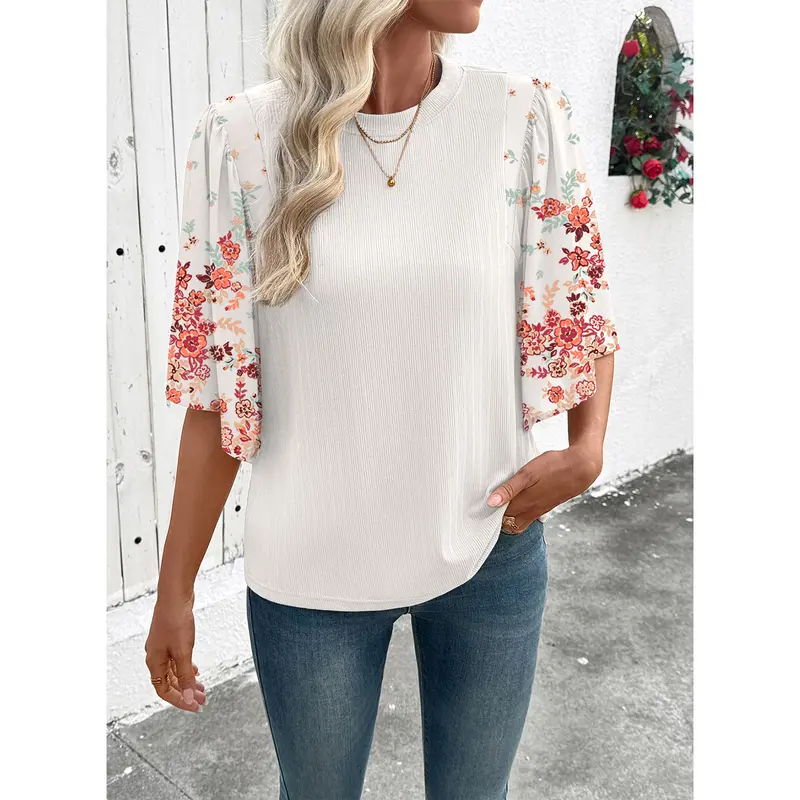Women's Bohemian-Style T-Shirt Top — Crew Neck, 3/4 Sleeves
