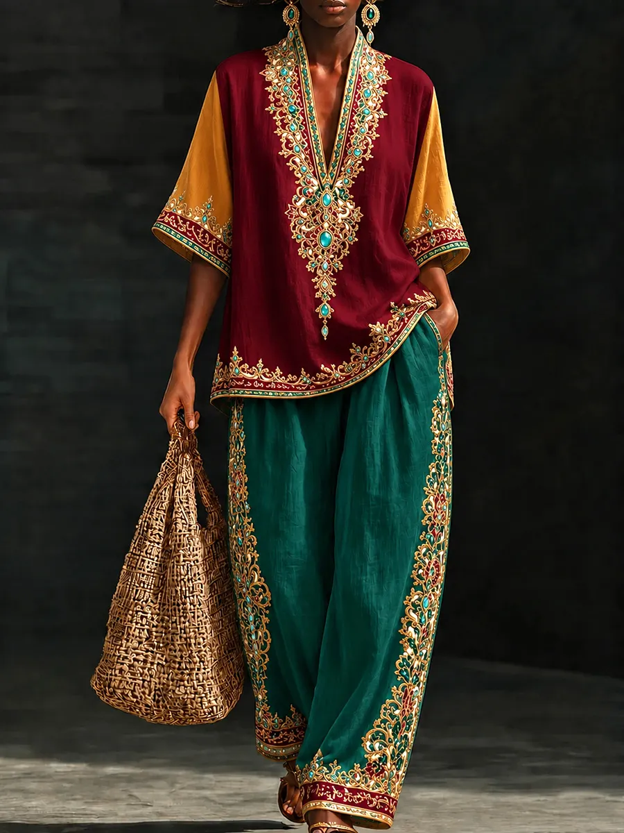 Royal Moroccan  Kaftan Set – Burgundy & Emerald Gold Trim Luxury Lounge Outfit