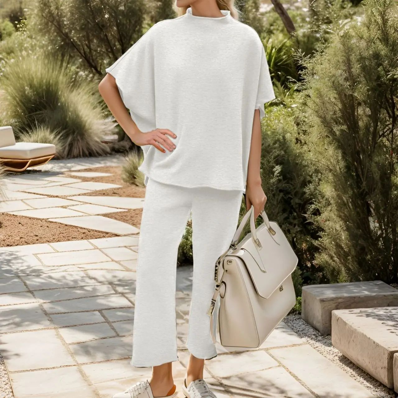Women's Casual Two-Piece Outfits 3/4 Batwing Sleeve Capelet CrewNeck Pullover Top & Wide Leg Pants Lounge Sets Sweatsuit Blazer Trouser Womenswear Clothes Gamis