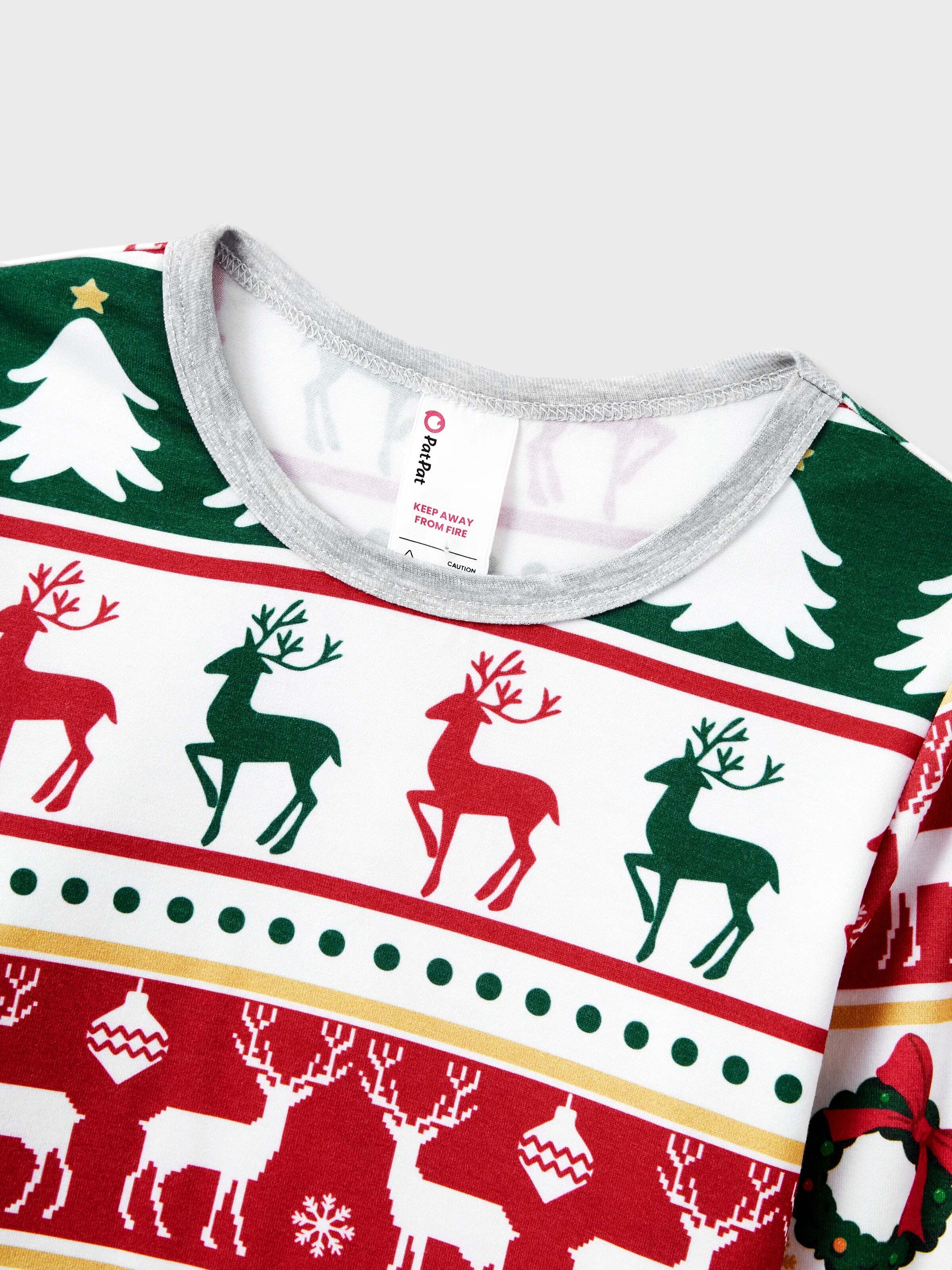 Christmas Pajamas Family Matching Allover Reindeer/Xmas Tree Pattern PJs Sets with Christmas Socks ColorBlock
