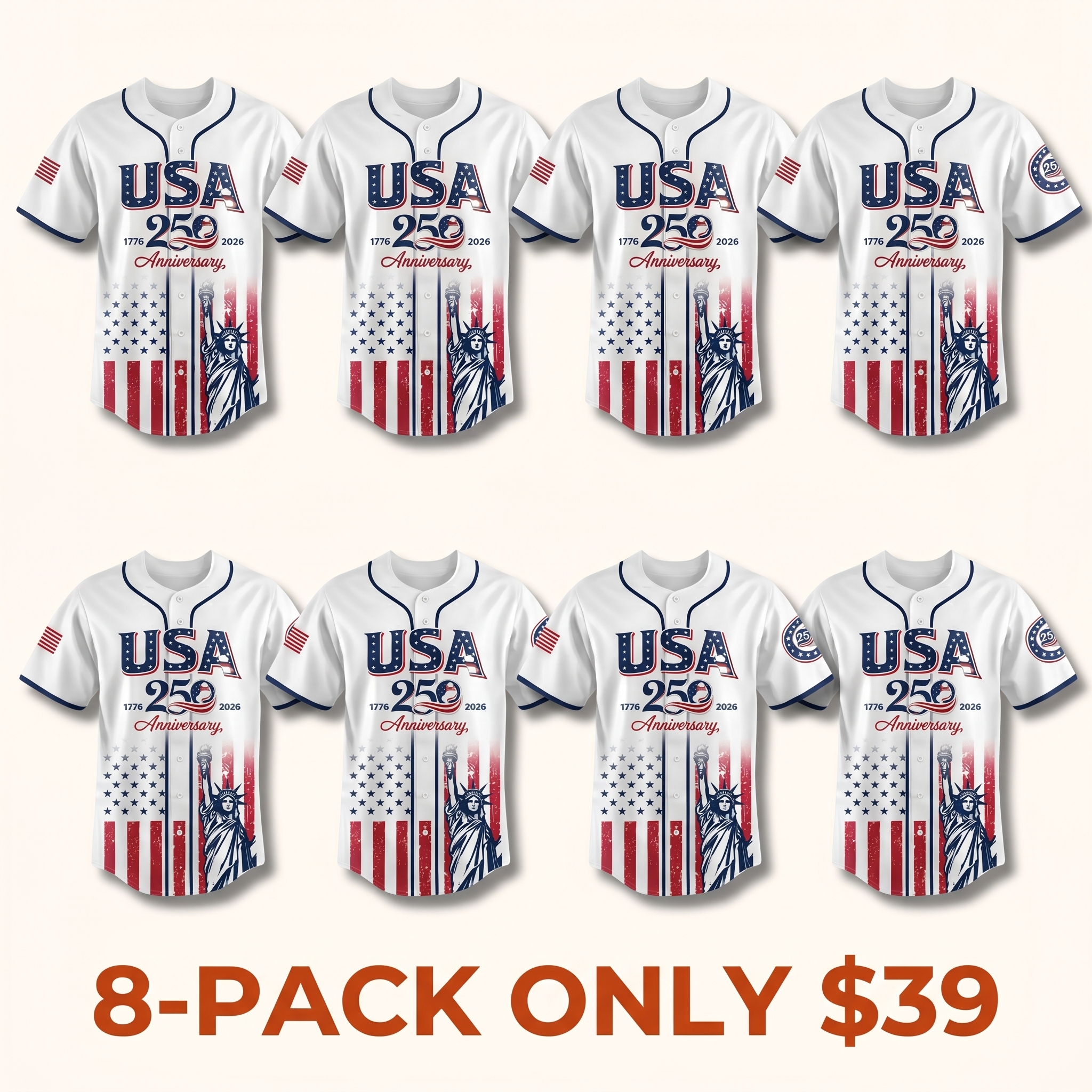 USA 250th Anniversary Baseball Jersey, Patriotic Statue of Liberty Print Shirt, Unisex Independence Day 4th of July Outfit, 1776–2026 Semiquincentennial Patriotic Jersey