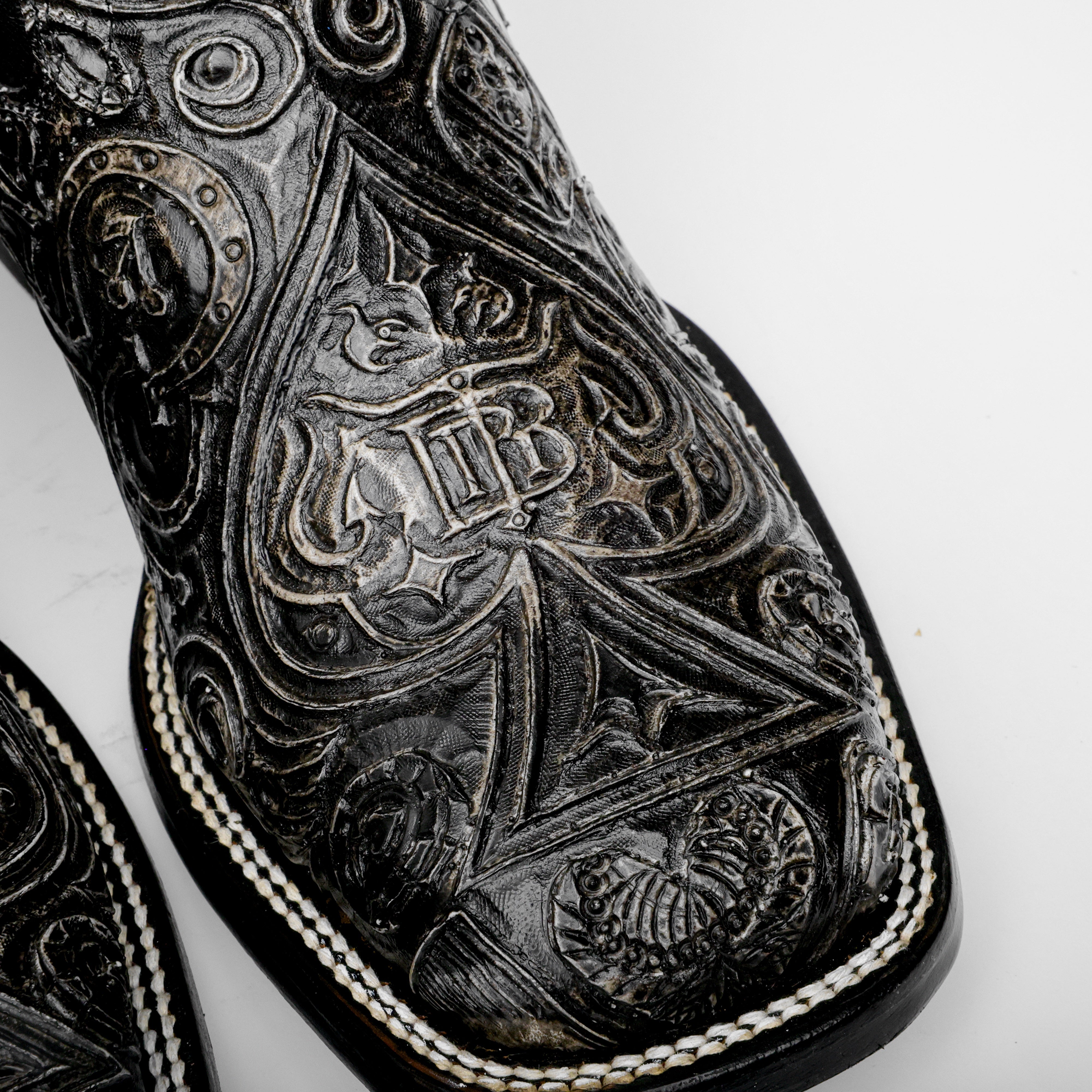 “Ace Of Spades” Grey/Black Leather Boots - Square Toe