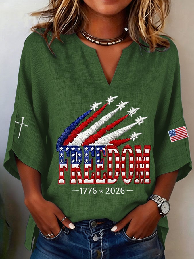 Women's Retro Freedom American Flag Cross Printed Casual Shirt