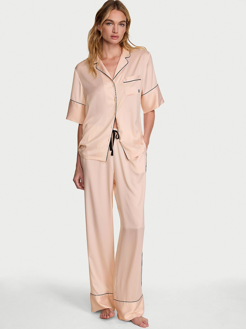Signature Satin Short-Sleeve Long Pajama Set Sheer Blush