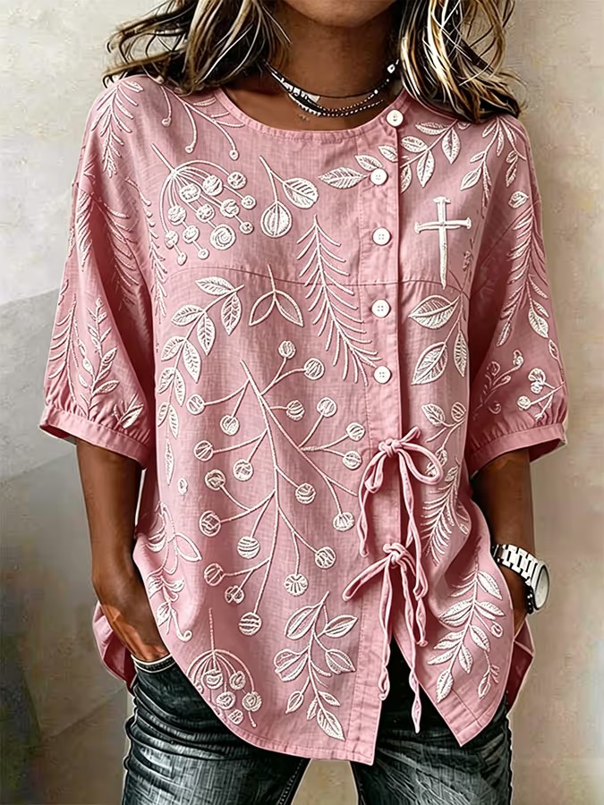 Women'S Faith Flower Art Printed Cotton Linen Casual Shirt