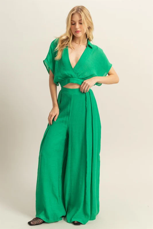 Kimono Sleeve Crop Top and Wide Leg Pants Set