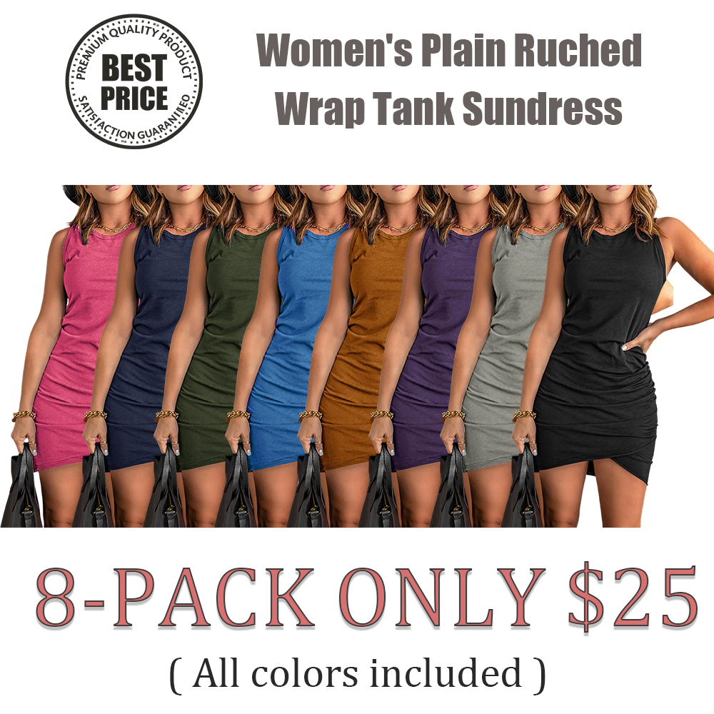 Women's Plain Ruched Wrap Tank Sundress, Casual Sleeveless Round Neck Bodycon Dress for Summer, Ladies Clothes for Daily Wear