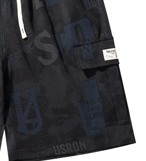 Men’s summer shorts with letter print, drawstring, and multiple pockets