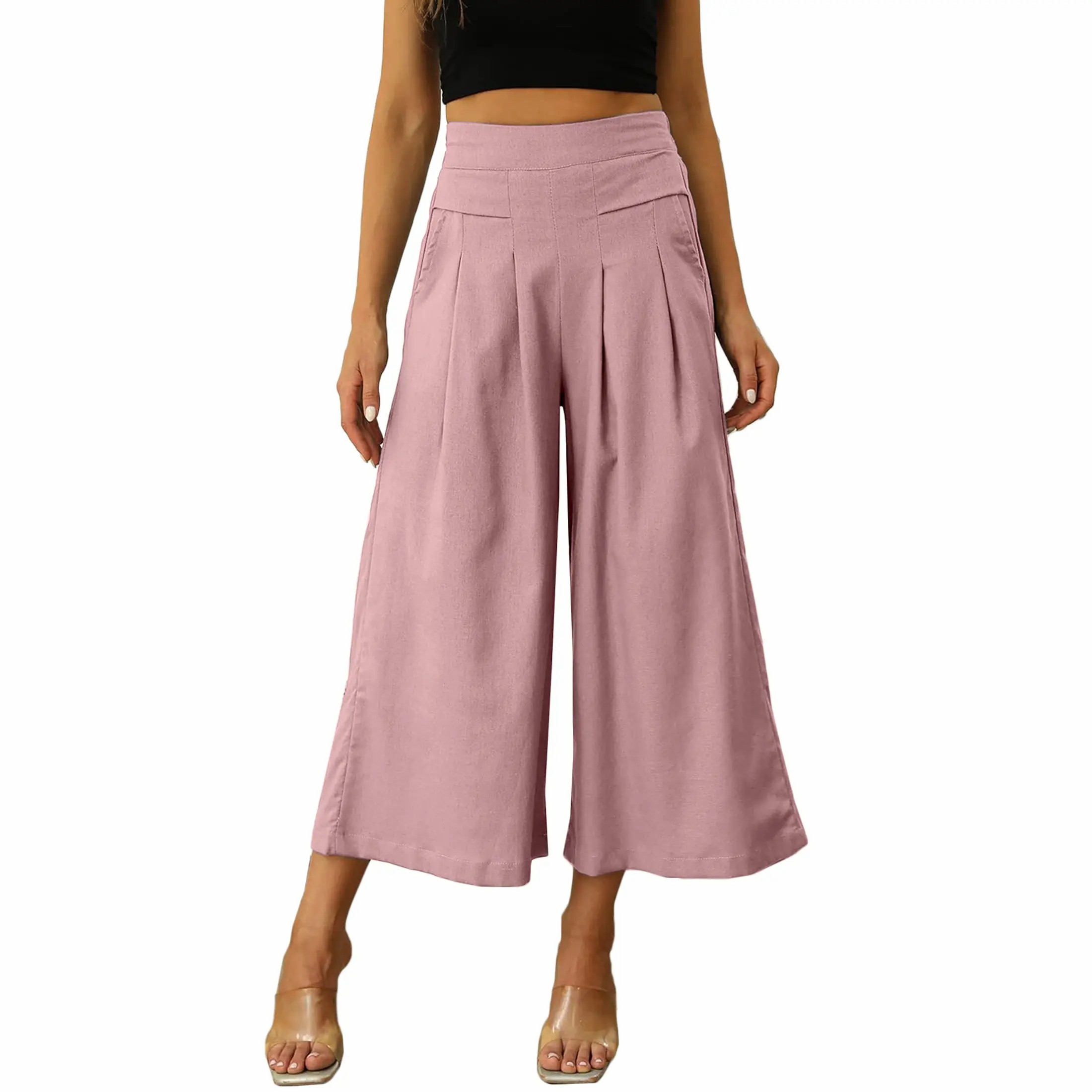 Women's Cotton Linen Wide Leg Culottes – Elastic Waist, Pockets, Minimalist Casual Capri Pants