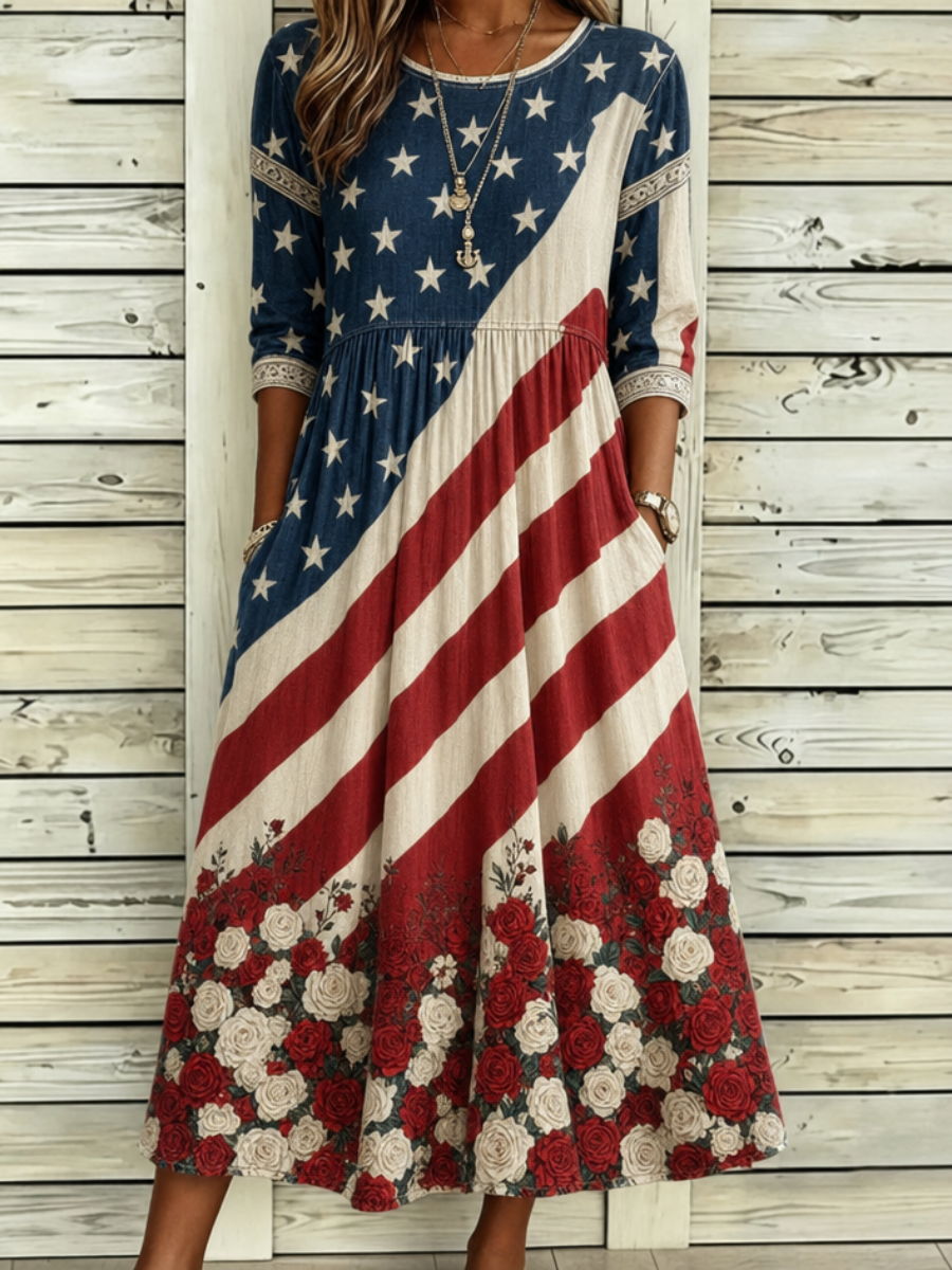 Women's Vintage Floral Flag Art Print Dress