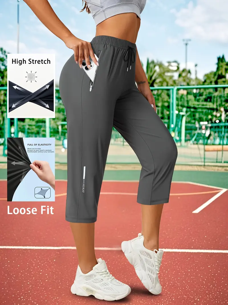 Women's Capris Pants - Loose Fit, Summer Drawstring Waist, Zippered Pockets
