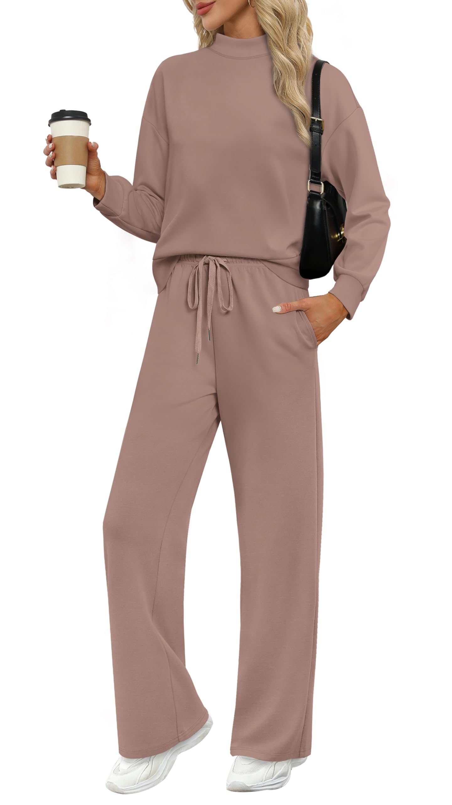 WIHOLL Two Piece Sets for Women Fall Outfits Lounge Sets Mock Neck Tops Wide Leg Pants Vacation Travel Airport Outfits