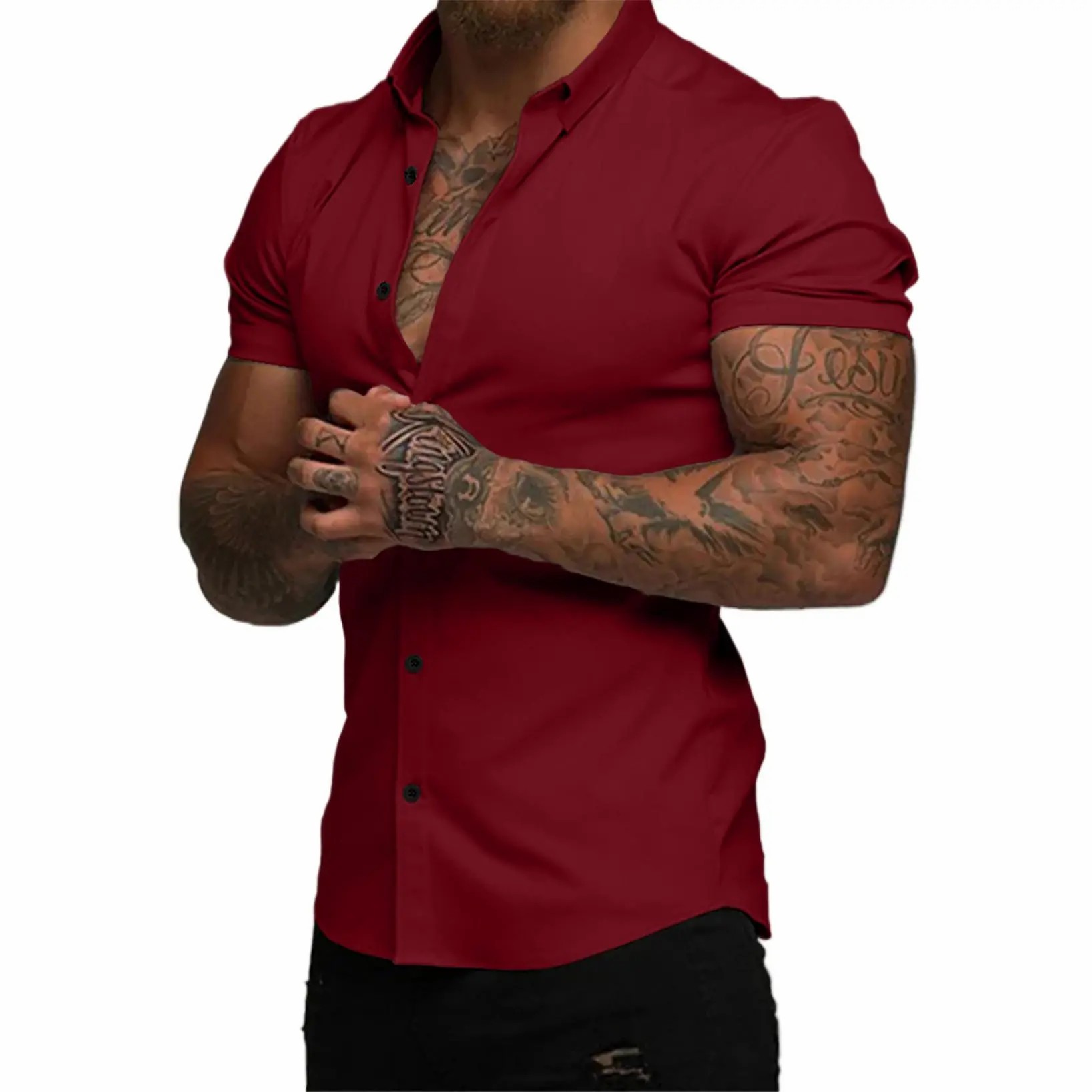 Men's Muscle Fit Short Sleeve Dress Shirt – 4-Way Stretch, Wrinkle-Free, Casual Button Down