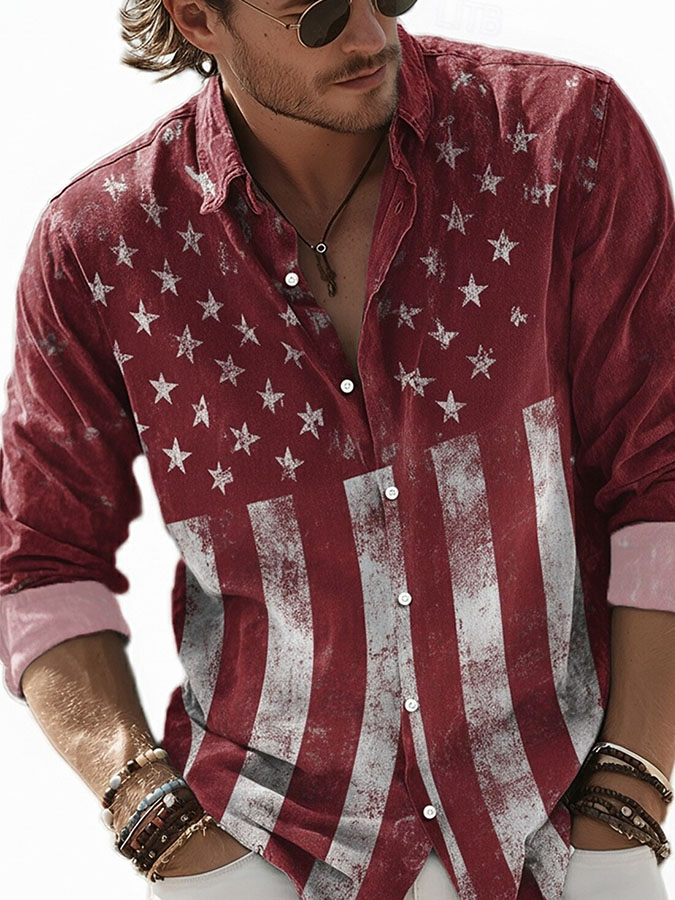 Men'S Retro Independence Day Flag Printed Casual Shirt