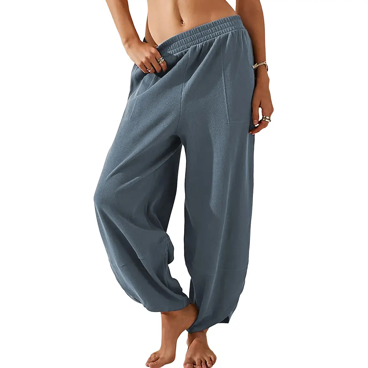 Women's Baggy Wideleg Pants Casual Elastic Waisted Palazzo Harem Pants with Pockets