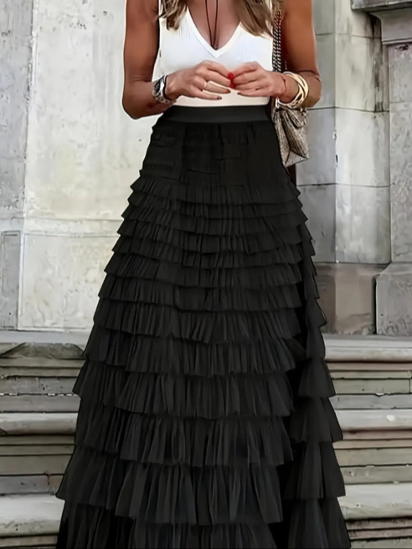 Women's Plain Ruffle Hem Tiered Layer Knit Skirt