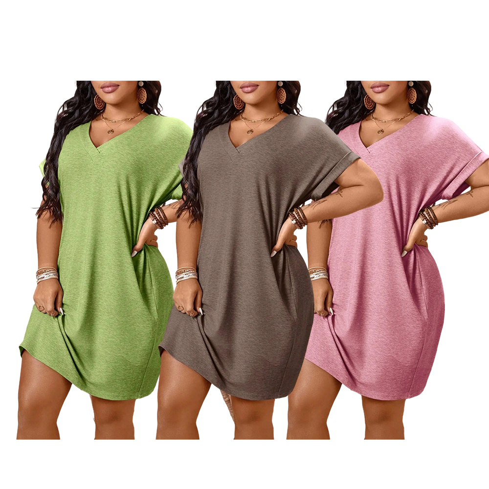 Plus Size Women's Loose T-Shirt Dress, V Neck & Batwing Sleeve Design