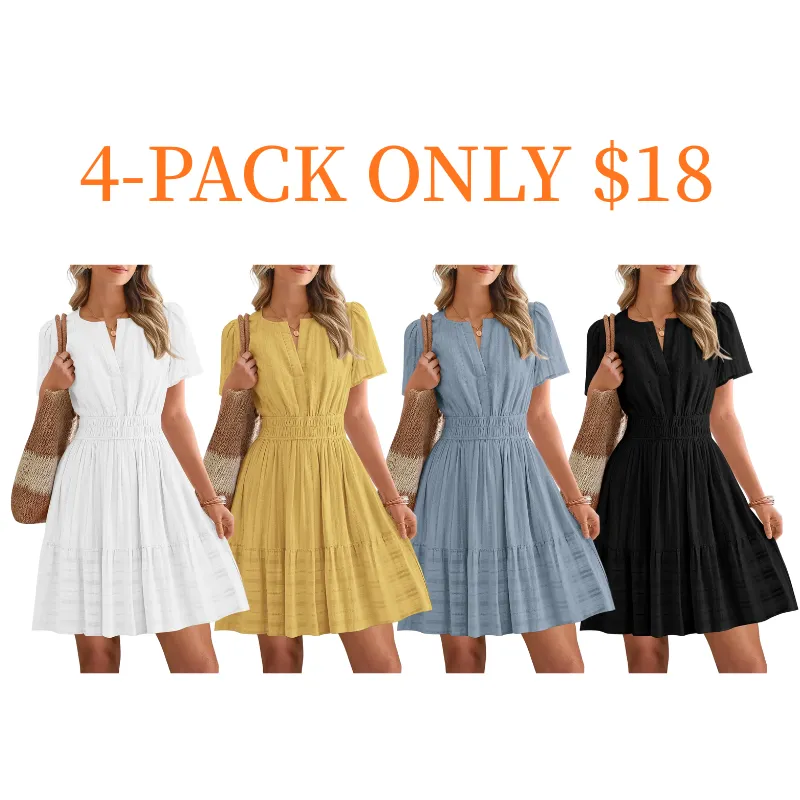 8-pack $24🔥Women's V-Neck Elastic Waist Mini Dress with Pockets💝