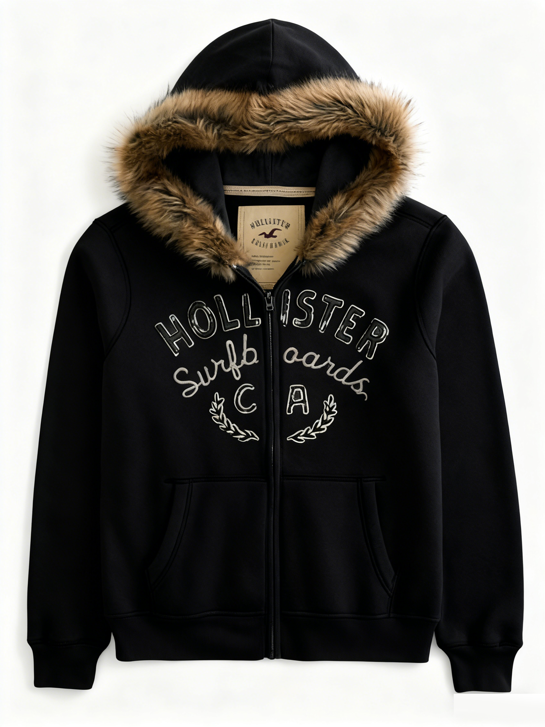 Faux Fur Trim Zip-Up Logo Graphic Hoodie
