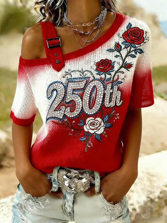 Women'S Casual US National Day Flag Flower Shoulder T-Shirt
