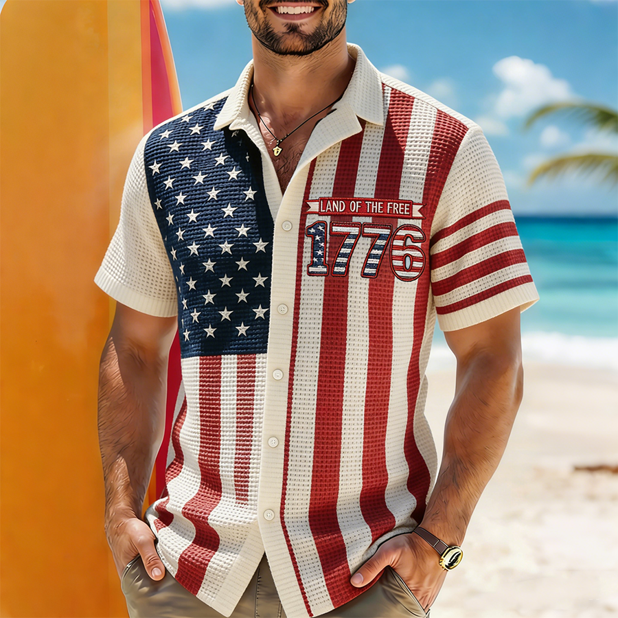 Men's 1776 Land of The Free American Flag Waffle Knit Beach Shirt
