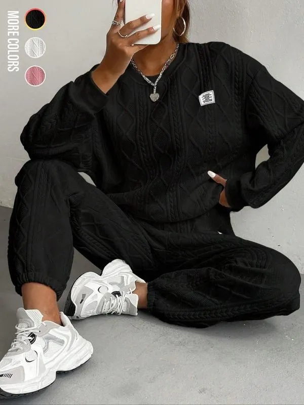 Women's Solid Patched Drop Shoulder Sweatshirt & Elastic Waist Pants Two-piece Set