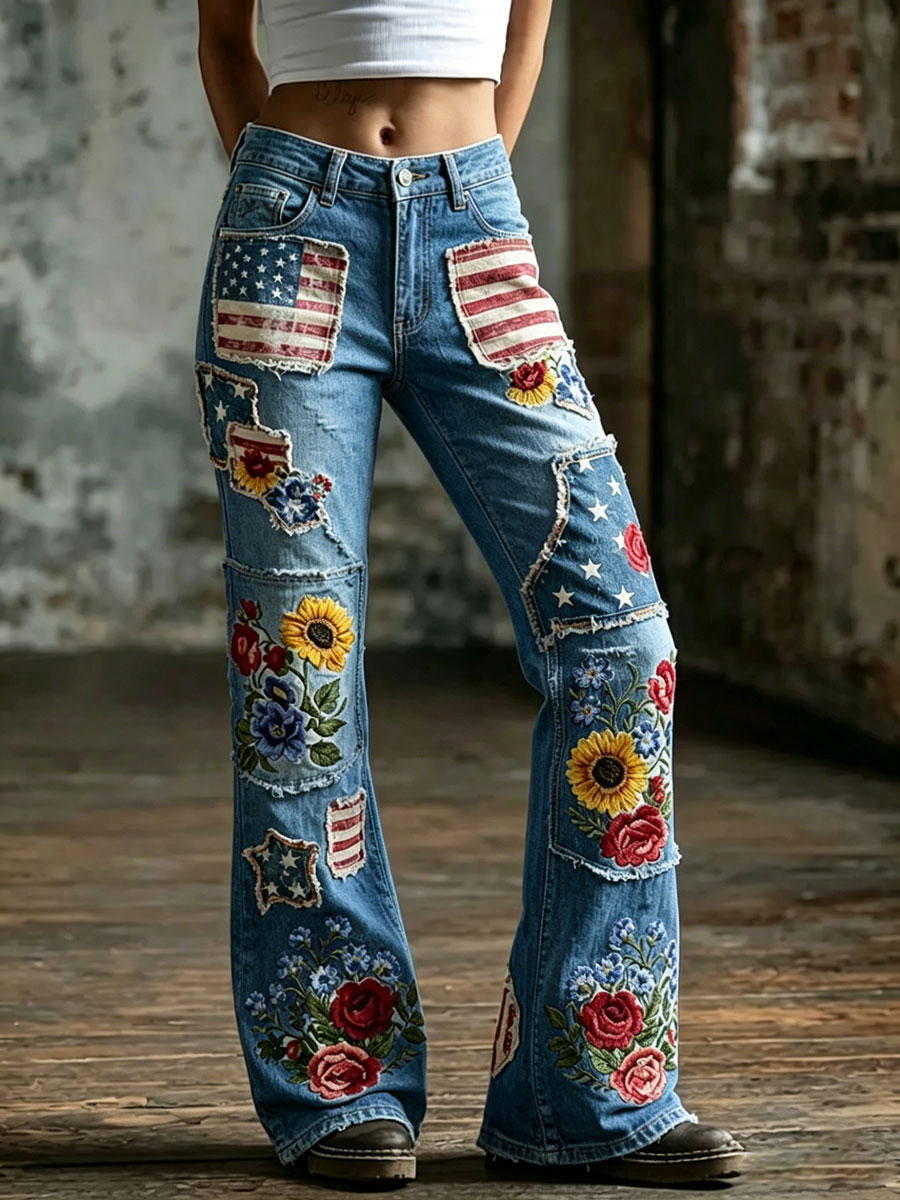 Women'S Retro Flower 250Th Anniversary Commemorative Casual Jeans