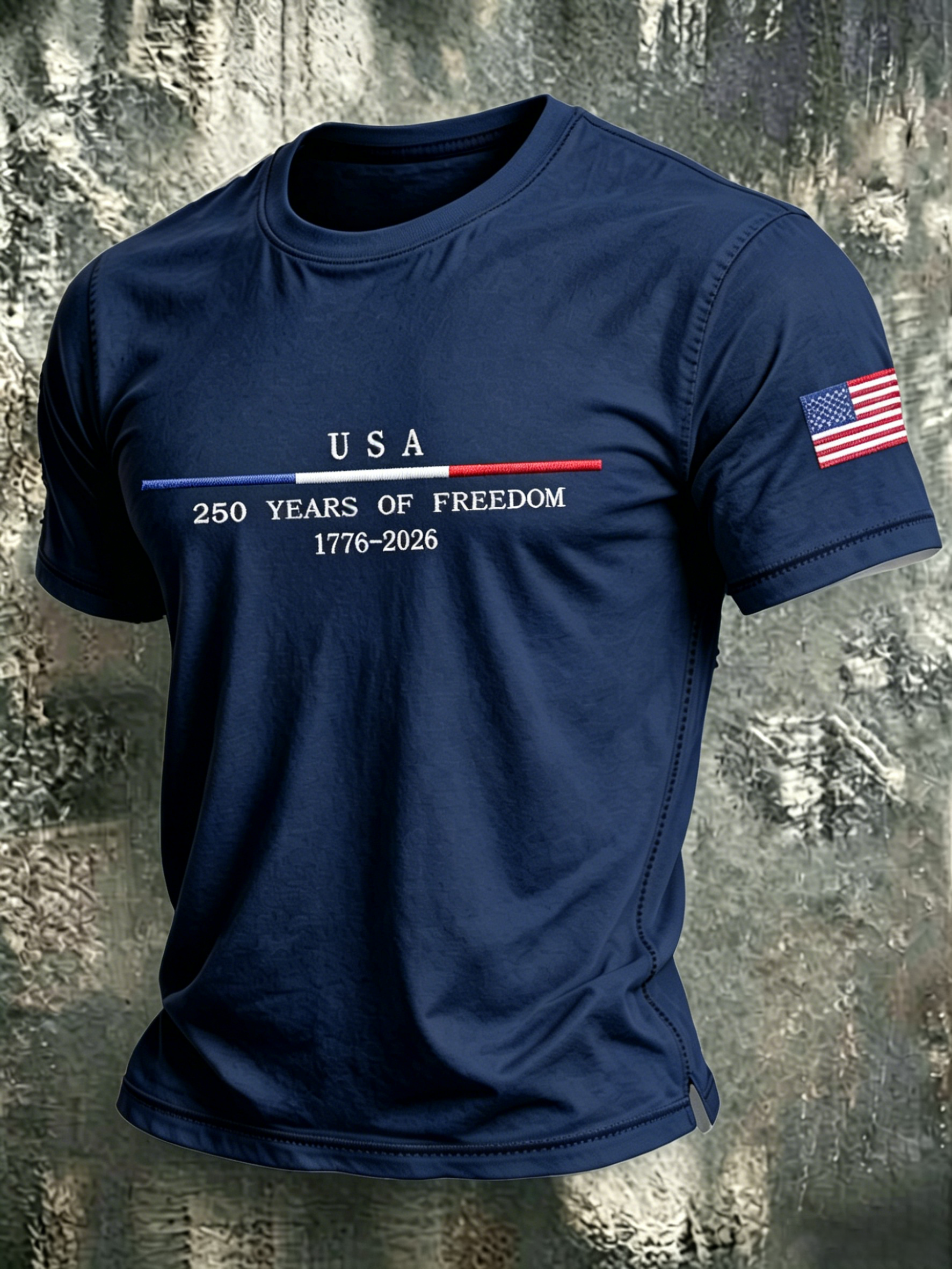 Men'S Casual USA 250Th Anniversary Embroidered Commemorative Round Neck T-Shirt