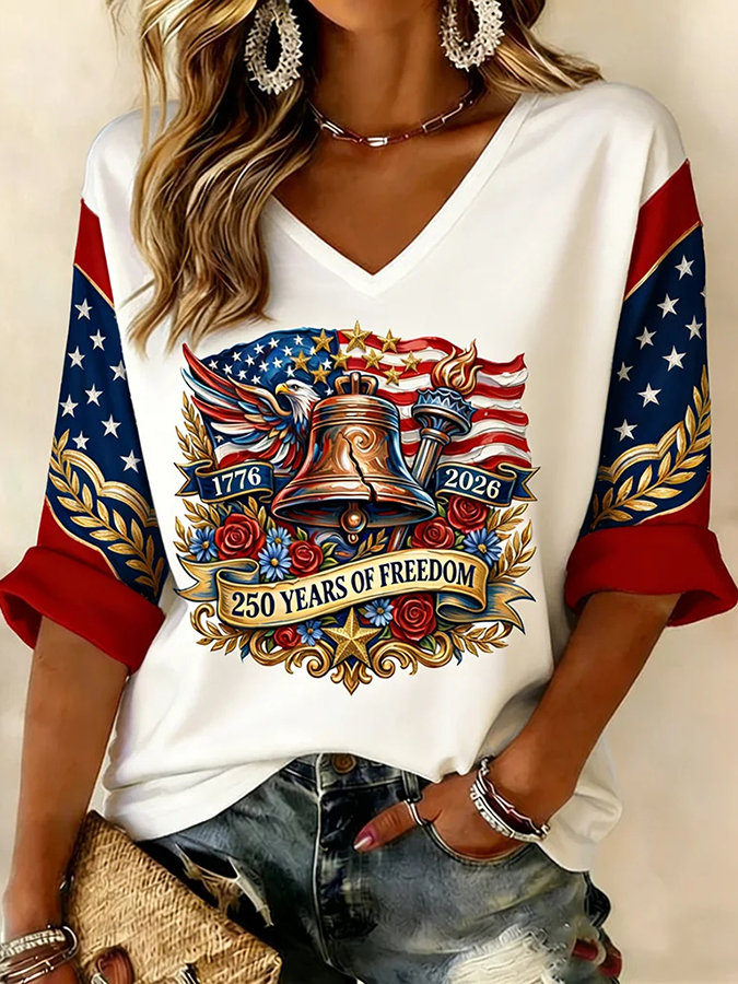 Ladies' Casual American 250Th Anniversary Celebration V-Neck Half Sleeved T-Shirt