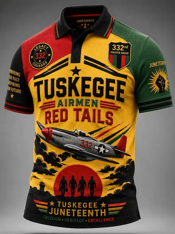 Men's Retro Red Tails Tuskegee AirmenAircraft Print Polo Shirt