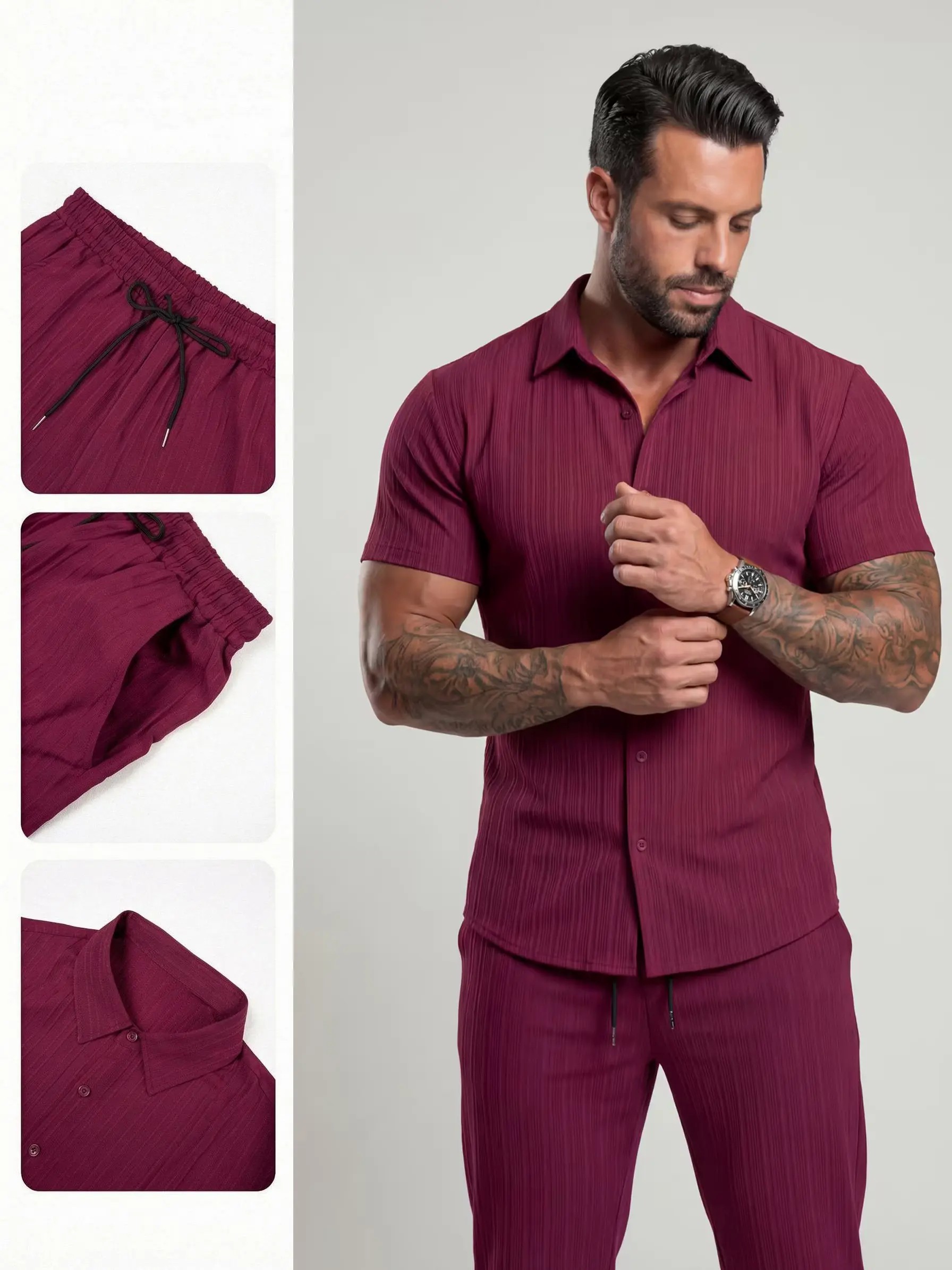Men's Maroon Button-Front Shirt & Drawstring Pocket Trousers Set