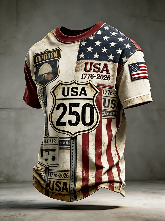 Men'S Casual Crew Neck Short-Sleeve T-Shirt With Usa 250th Anniversary Print