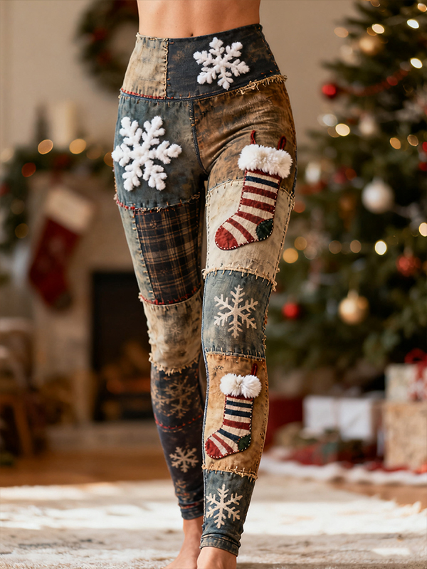 Women's Christmas Stocking Snowflake Patchwork Art Print Leggings