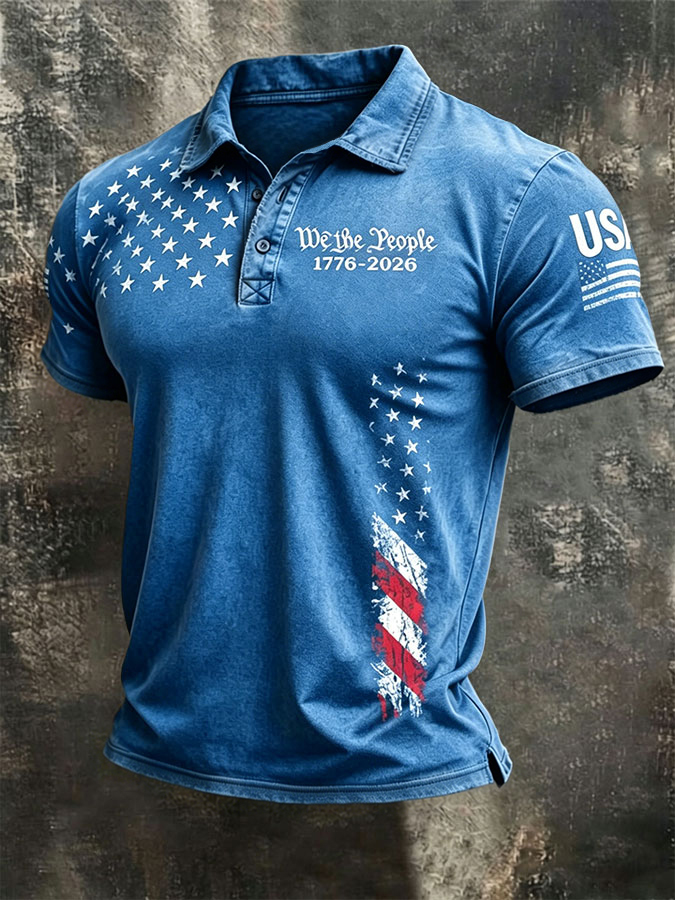 Men'S American Flag Print Casual Polo Shirt