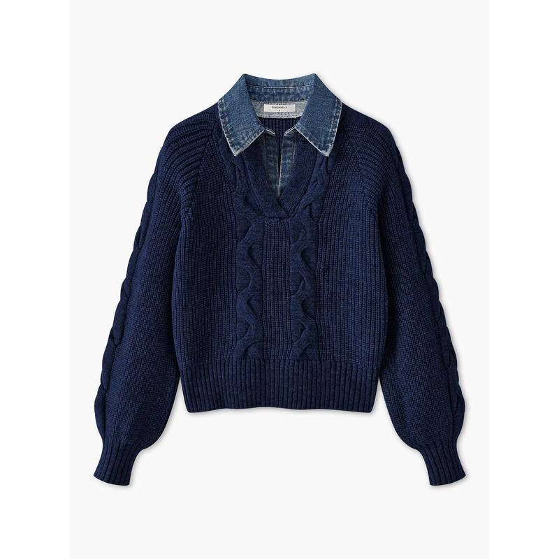❤️Valentine’s Day Special❤️Cable Knit Sweater with Denim Collar Detail (Relaxed Fit)
