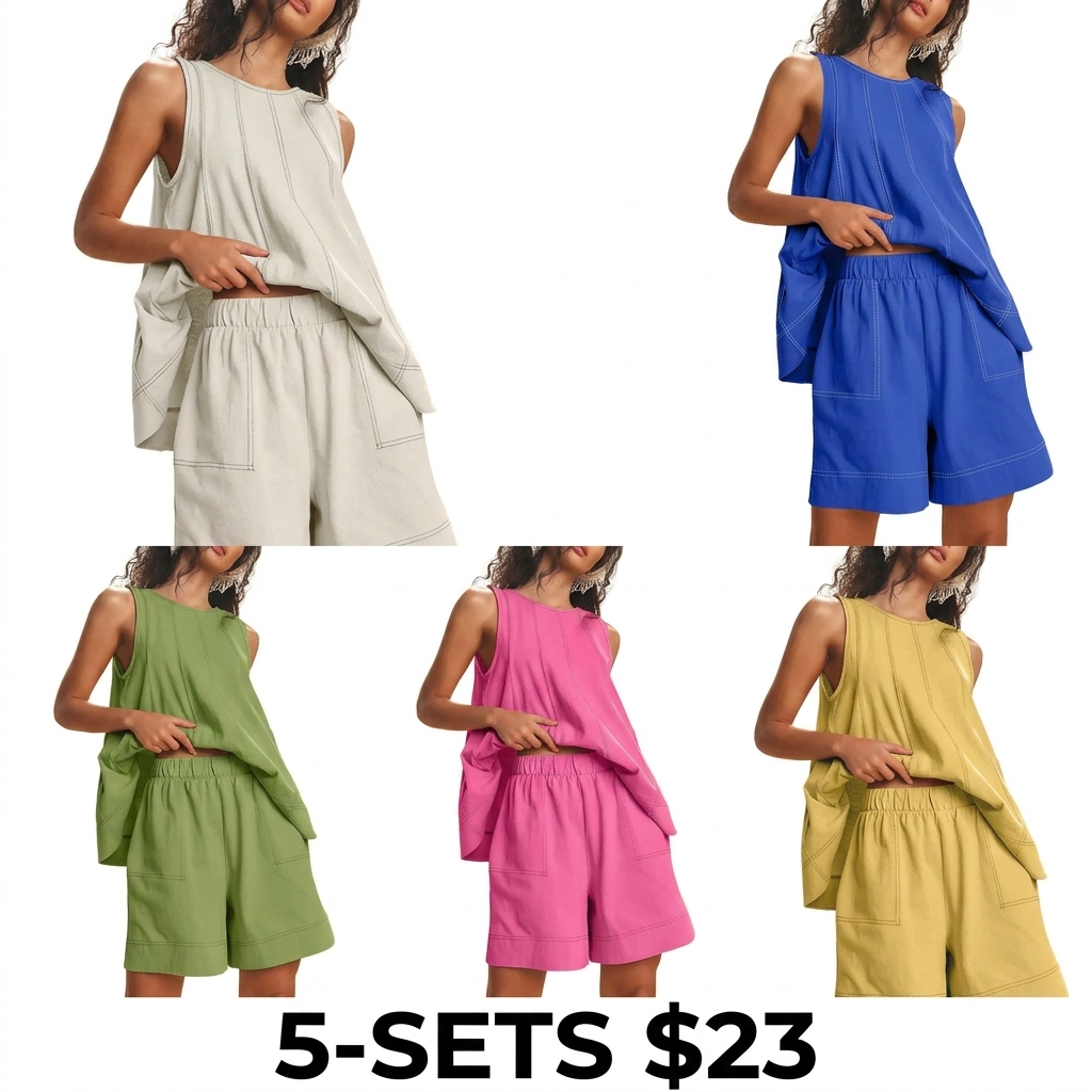 Women's 100% Cotton 2-Piece Set – A-Line Tank Top & High Waist Shorts with Pockets