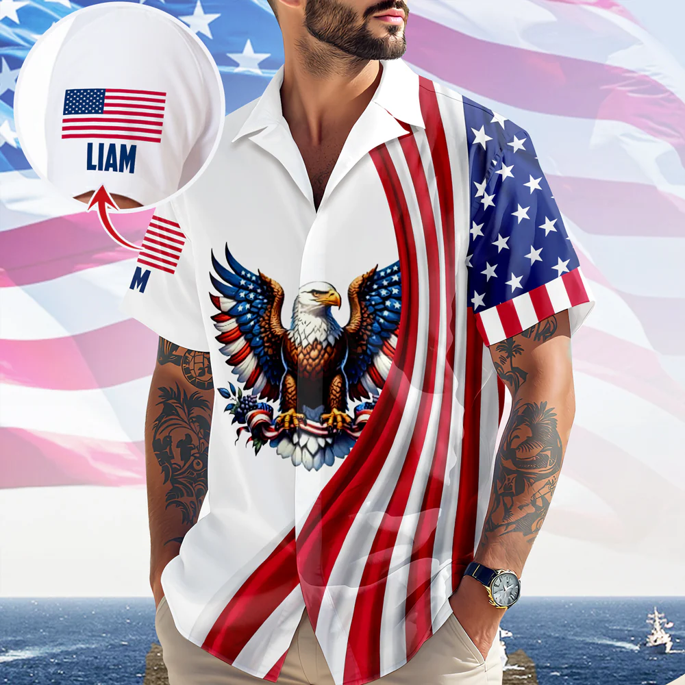 Men'S Casual American Flag Eagle Ribbon Art Printed Shirt