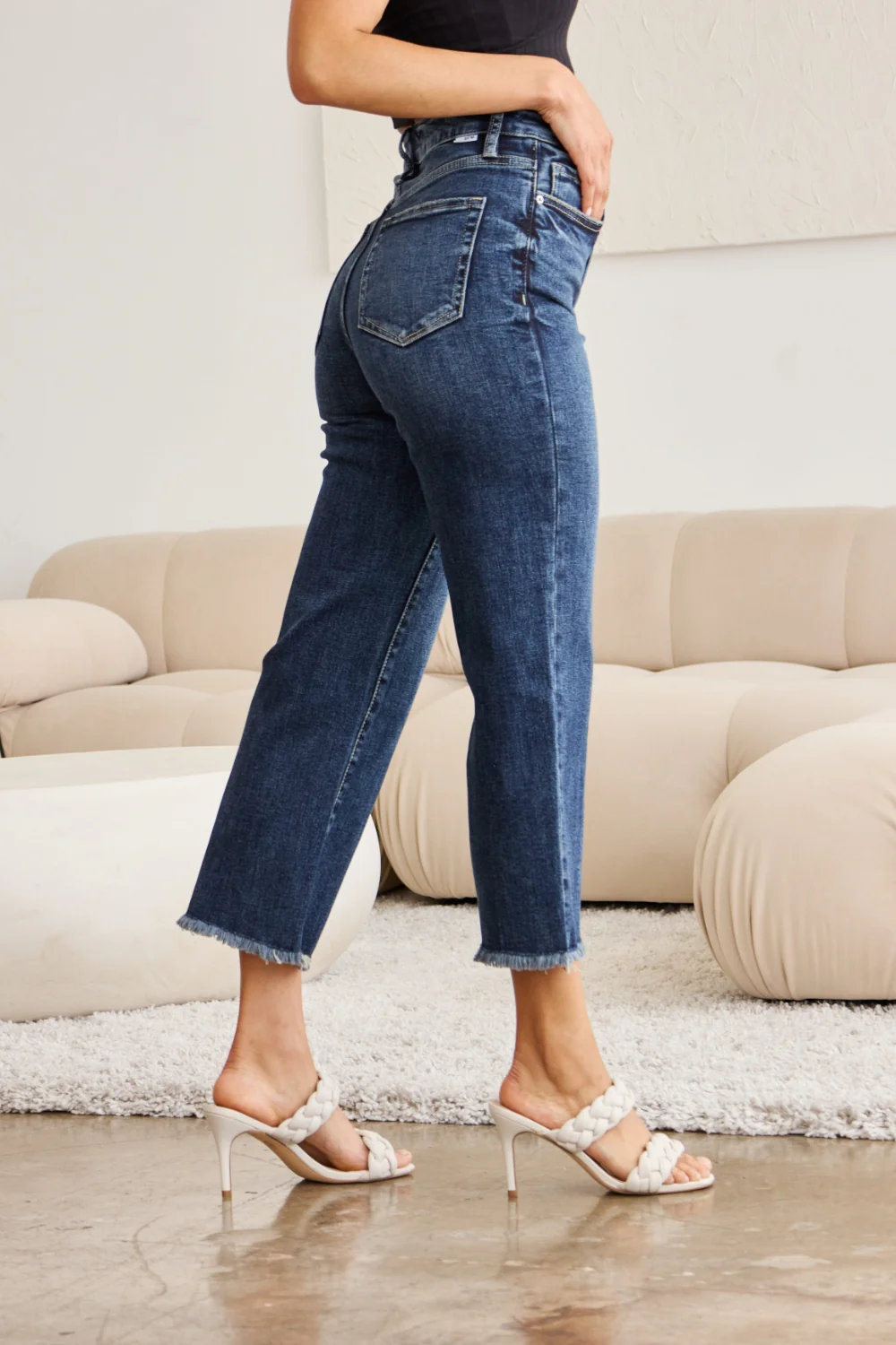 Full Size Tummy Control High Waist Raw Hem Distressed Jeans