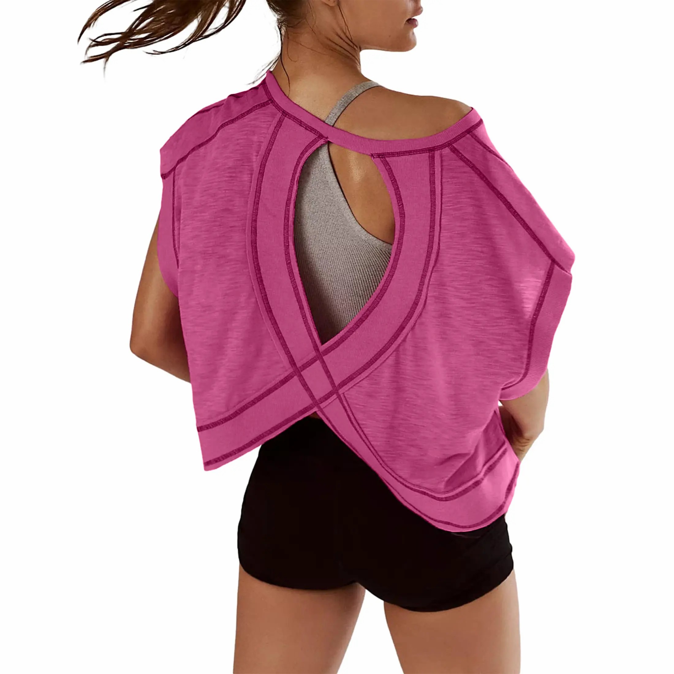 【Stock Up Deals】Women Short Sleeve Workout Shirts Open Back Tops Casual Yoga Y2k Athletic Gym Slouchy Crop Running Tees