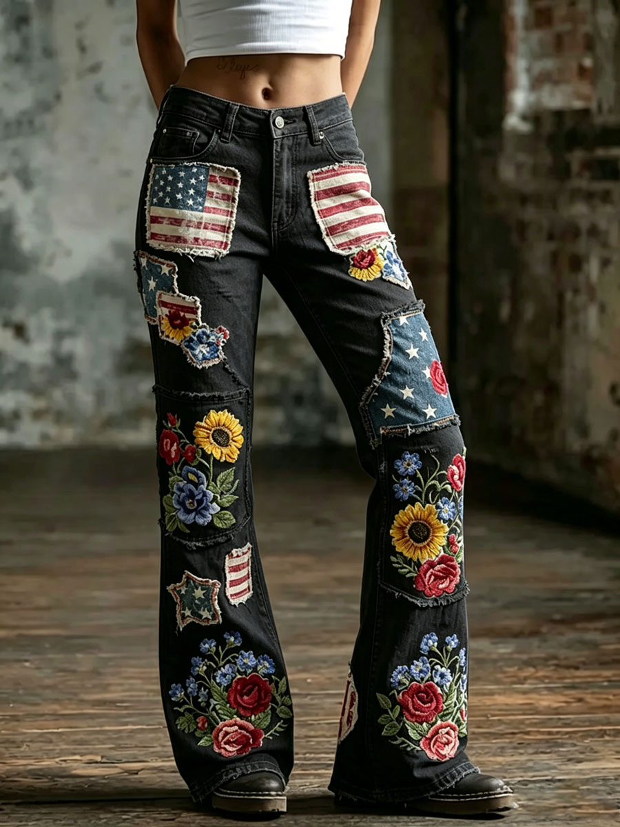 Women'S Retro Flower 250Th Anniversary Commemorative Casual Jeans